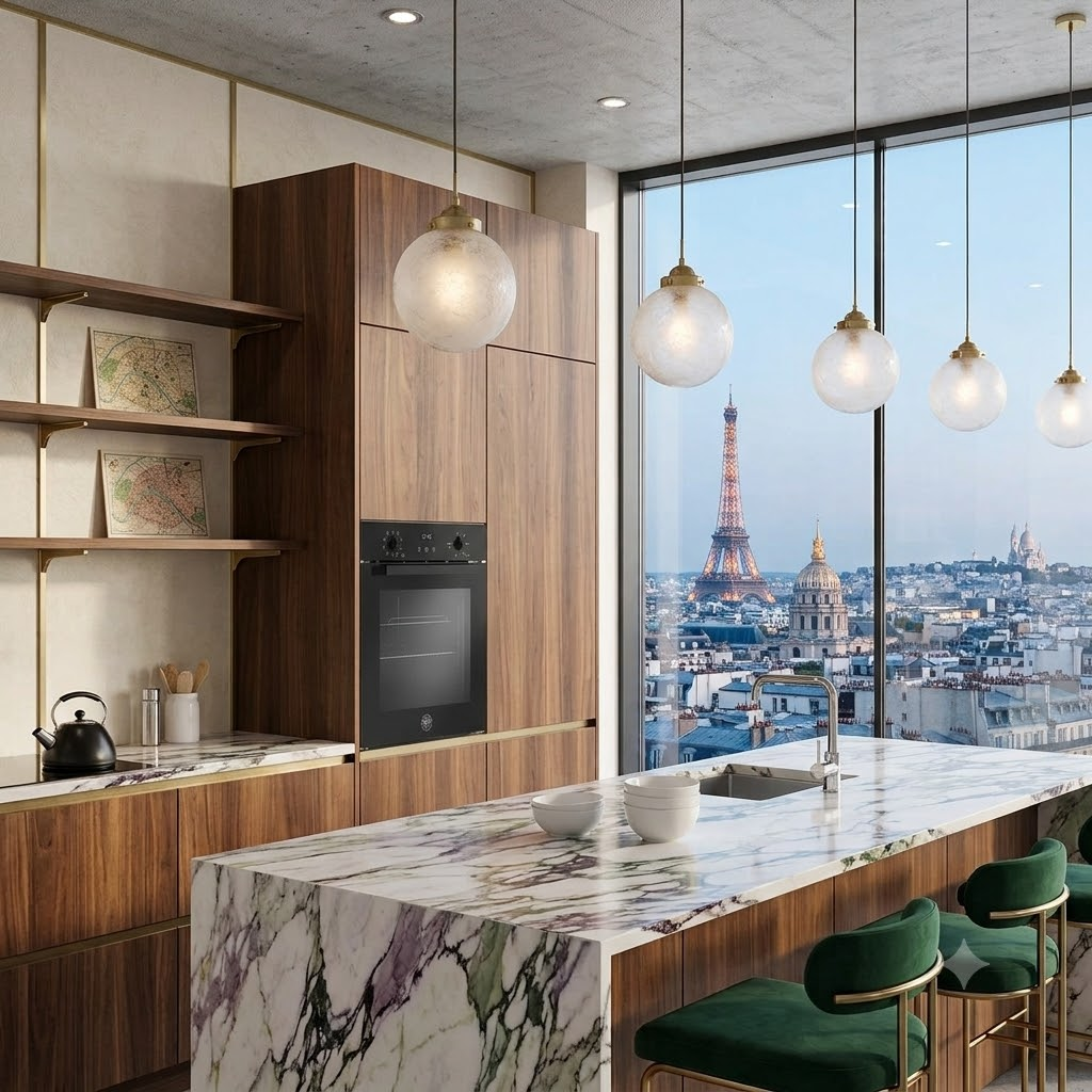 Cucina moderna con isola in marmo, affacciata su Parigi e la Torre Eiffel.