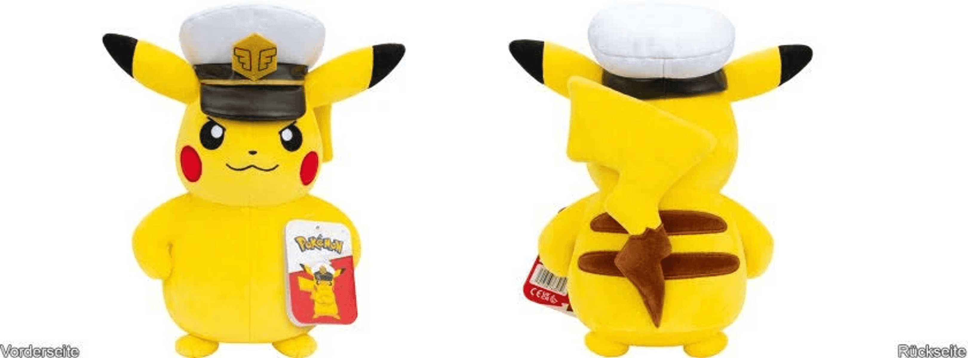 Peluche amarillo de Pikachu con gorra de capitán, vista frontal y trasera.