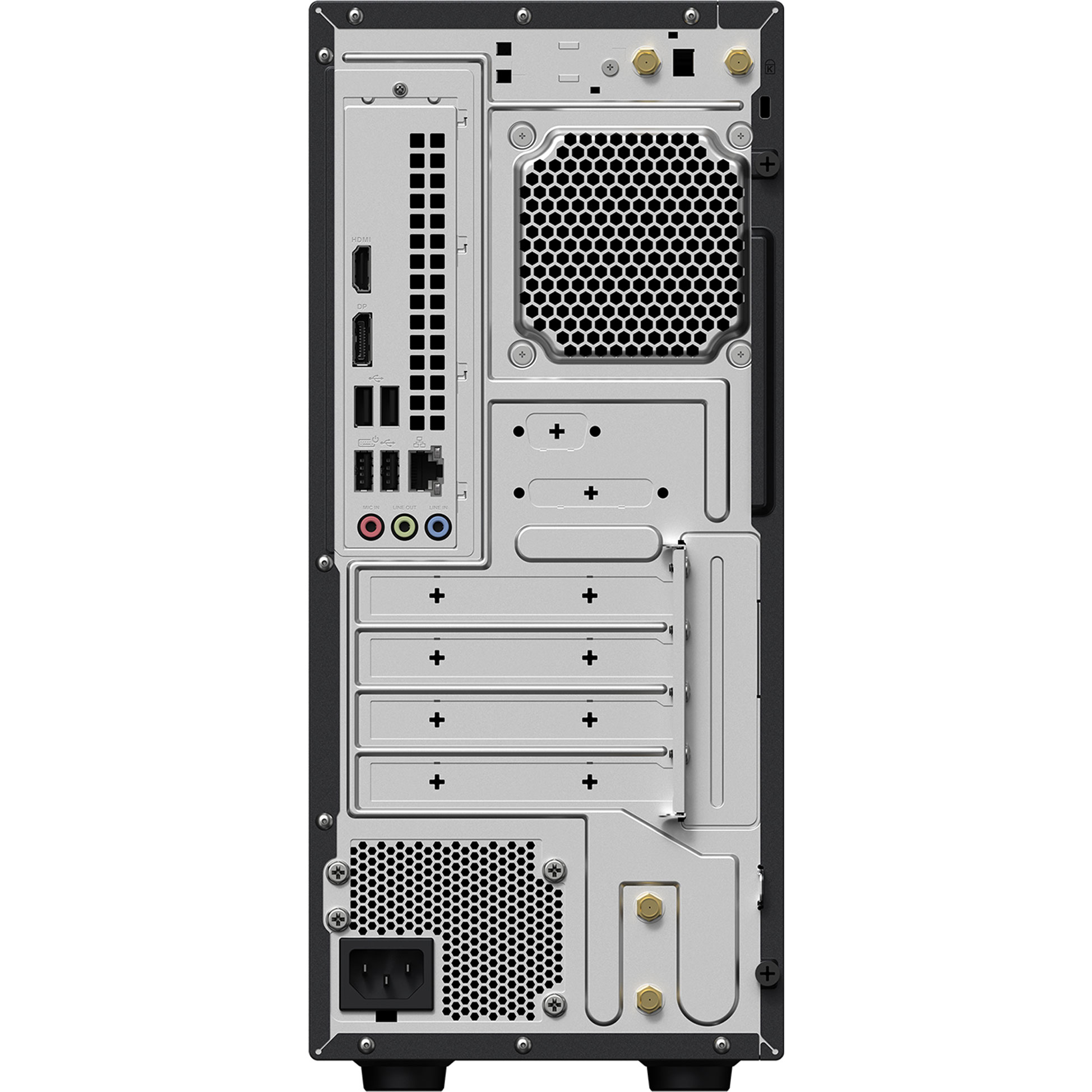 HDMI, DP, USB ve güç bağlantısı gibi bağlantı noktalarını gösteren bir PC'nin arkası.