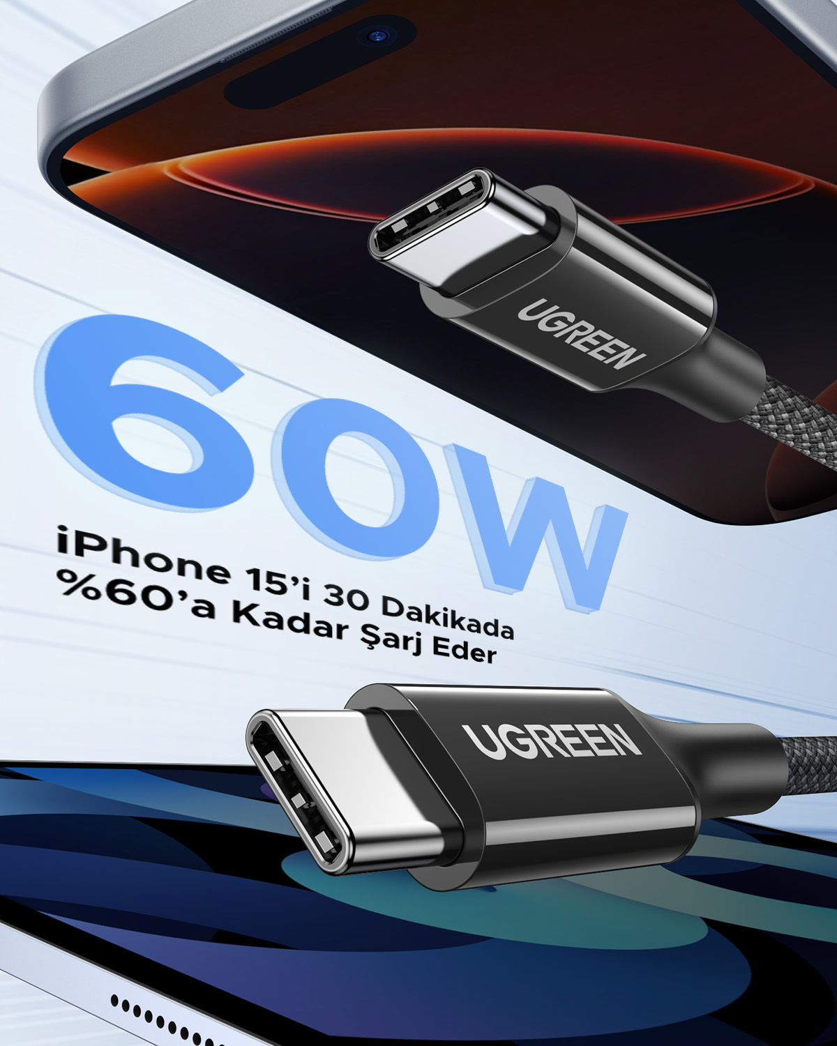 Cavo UGREEN USB-C per ricarica rapida iPhone e iPad con 60W.