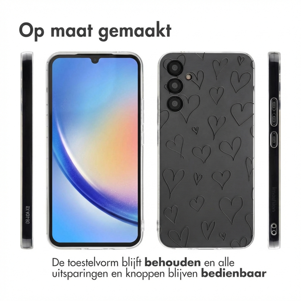 Uno smartphone con custodia a fantasia di cuori e bordo trasparente.