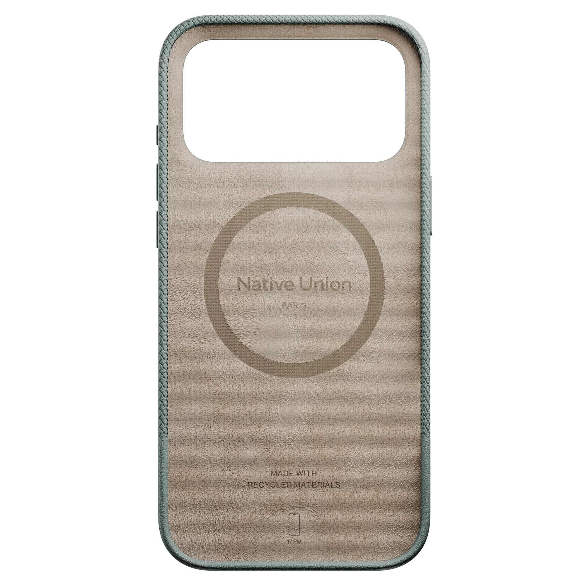 Una custodia per telefono beige con bordo grigio chiaro e logo Native Union.