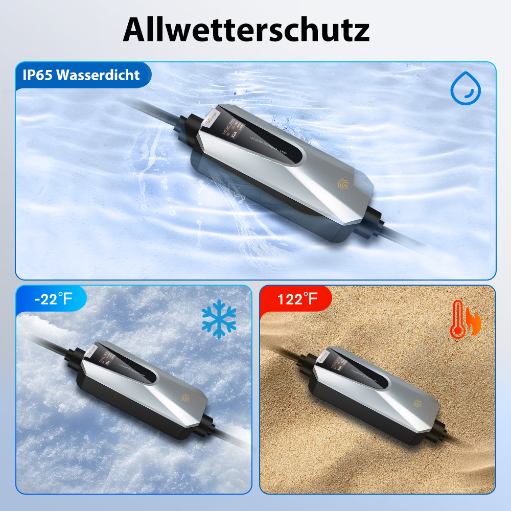 Wasserdichtes Ladegerät in Wasser, Schnee und Sand bei extremen Temperaturen.