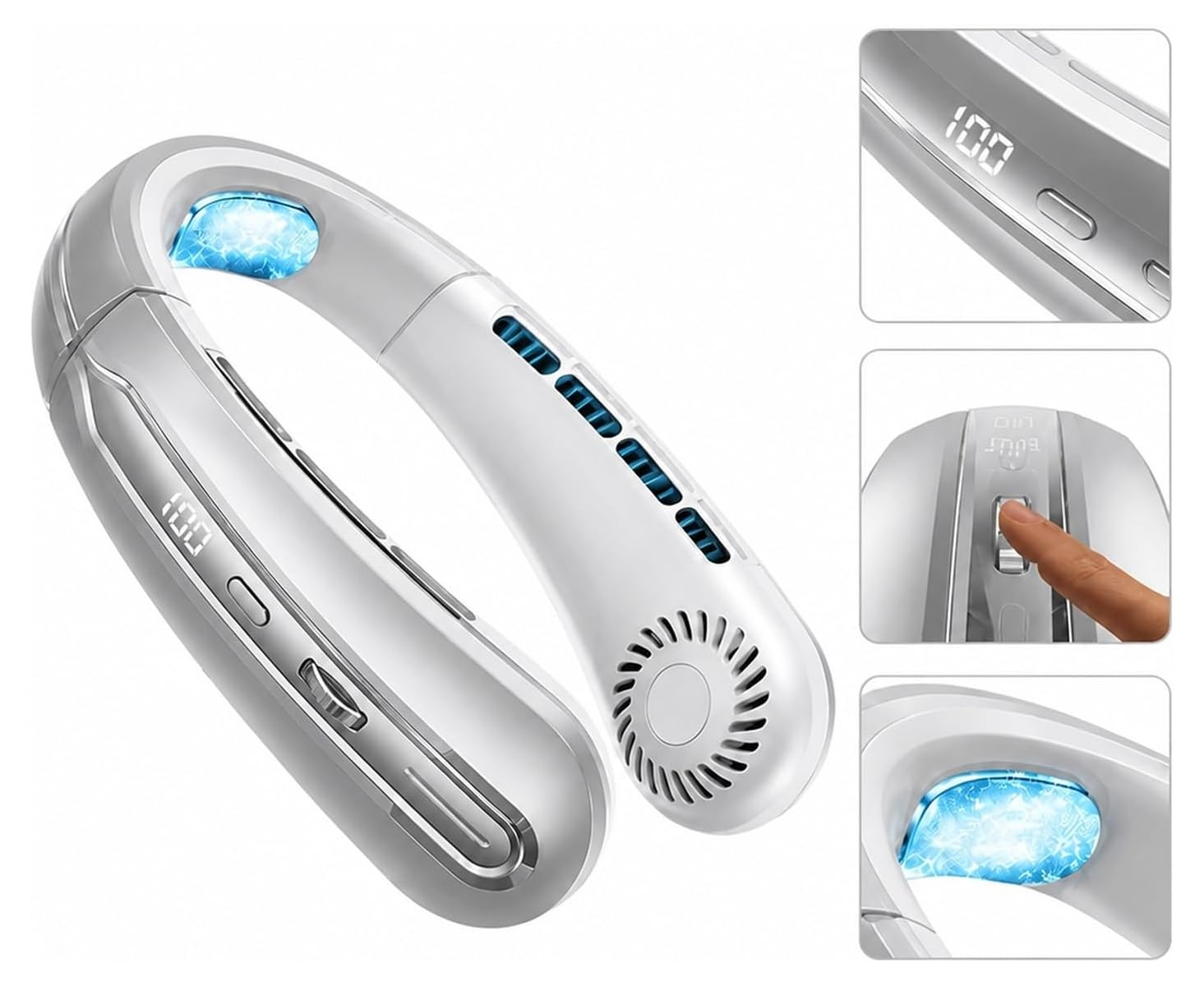 Ein weißer Nackenventilator mit digitaler Anzeige und blauen Lichtern.
