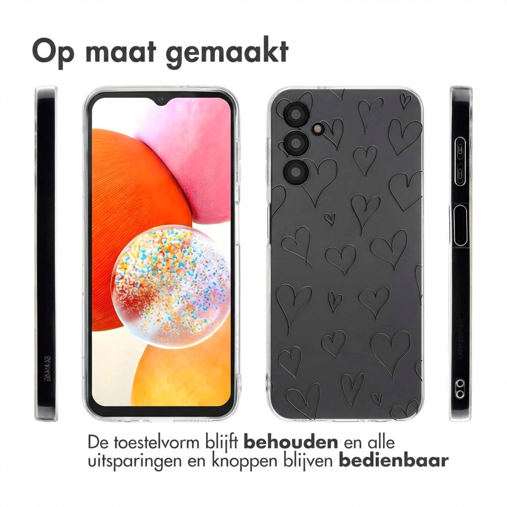 Een smartphone met hartjespatroon hoesje, voor- en achterkant getoond.