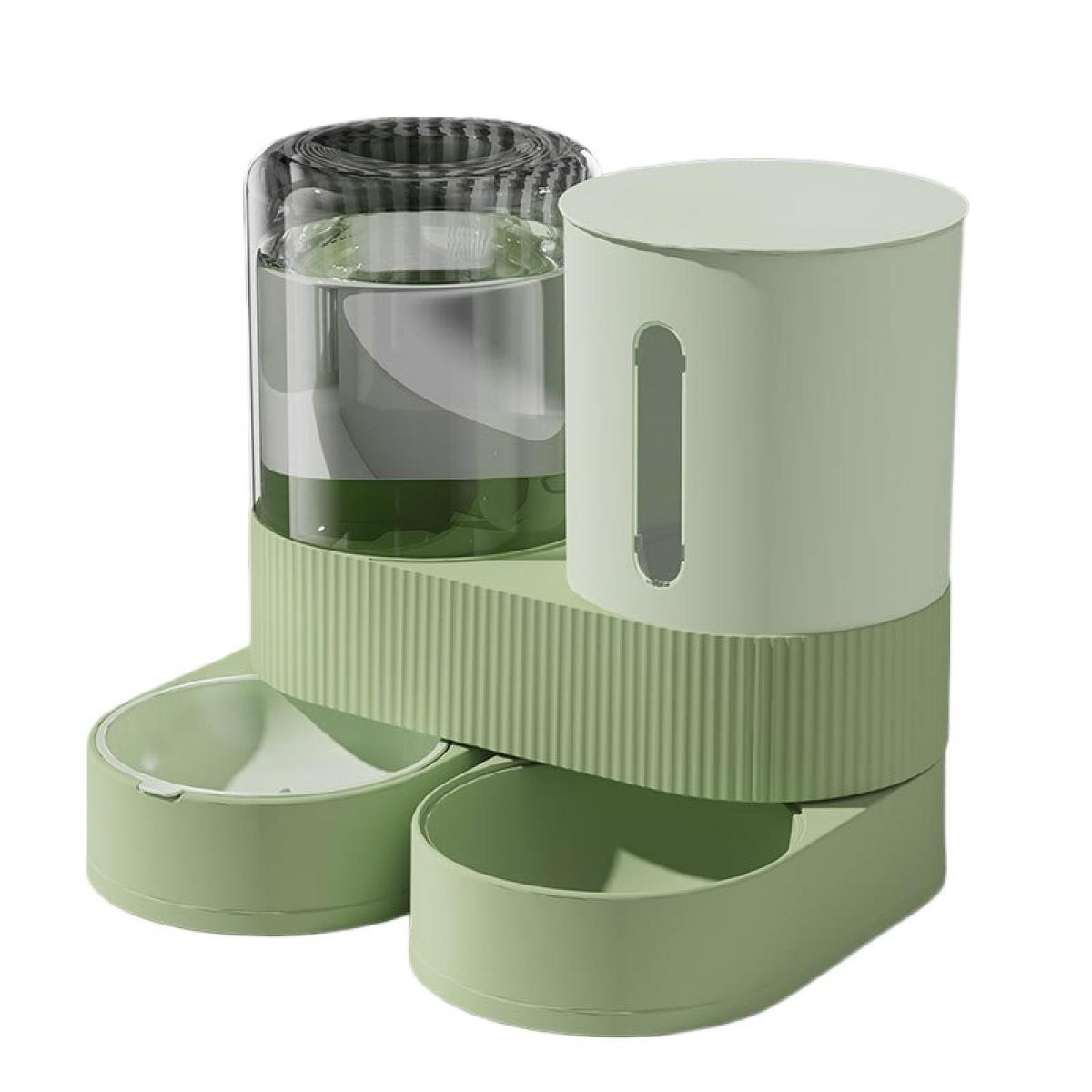 Ein hellgrüner Futter- und Wasserspender für Haustiere mit zwei Schalen.