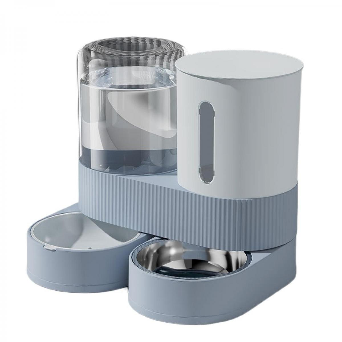 Ein blauer und weißer Futterautomat für Haustiere mit zwei Schalen und transparentem Wasserbehälter.