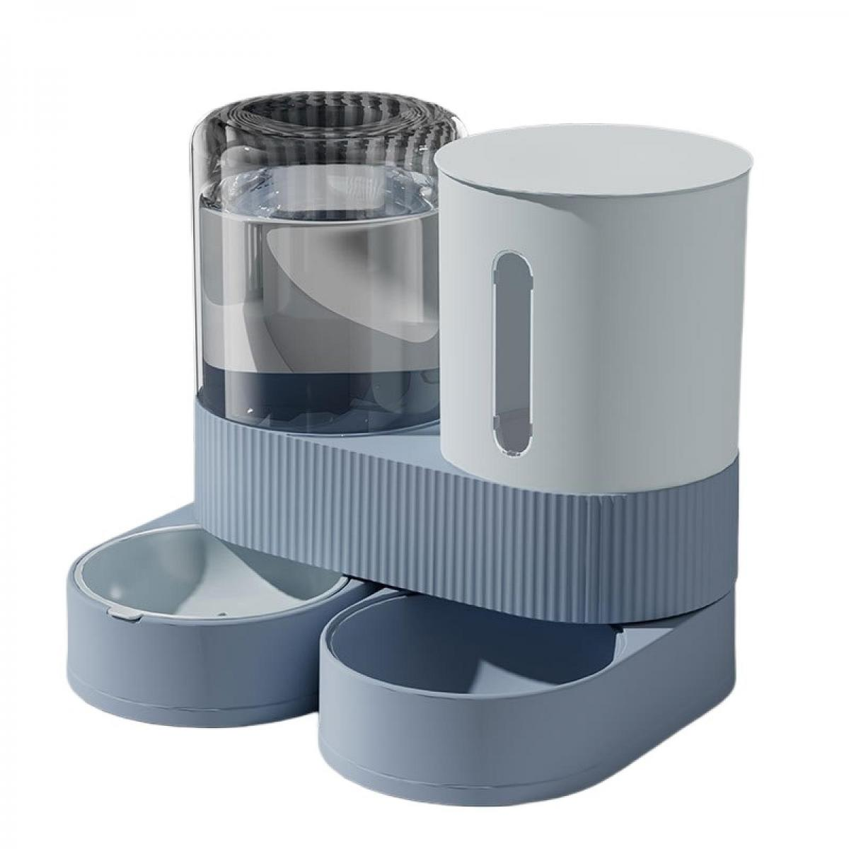 Ein blauer und grauer Haustierfutter- und Wasserspender mit zwei Näpfen.