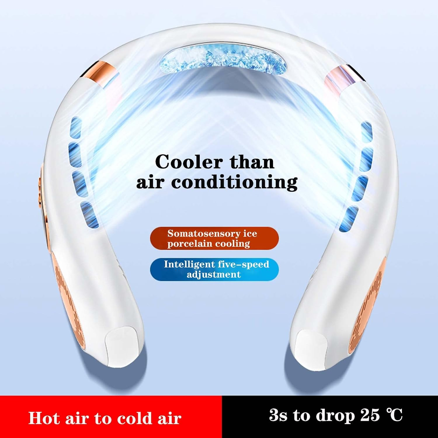 Ein weißer Nackenlüfter mit blauen und weißen Luftströmen, der kühler als Klimaanlagen ist.