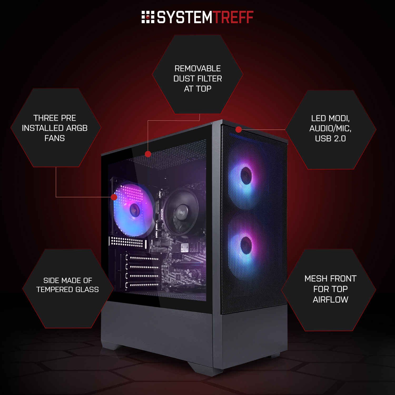 Computergehäuse mit RGB-Lüftern, gehärteter Glasseite, Netzfront und Beschriftungen.