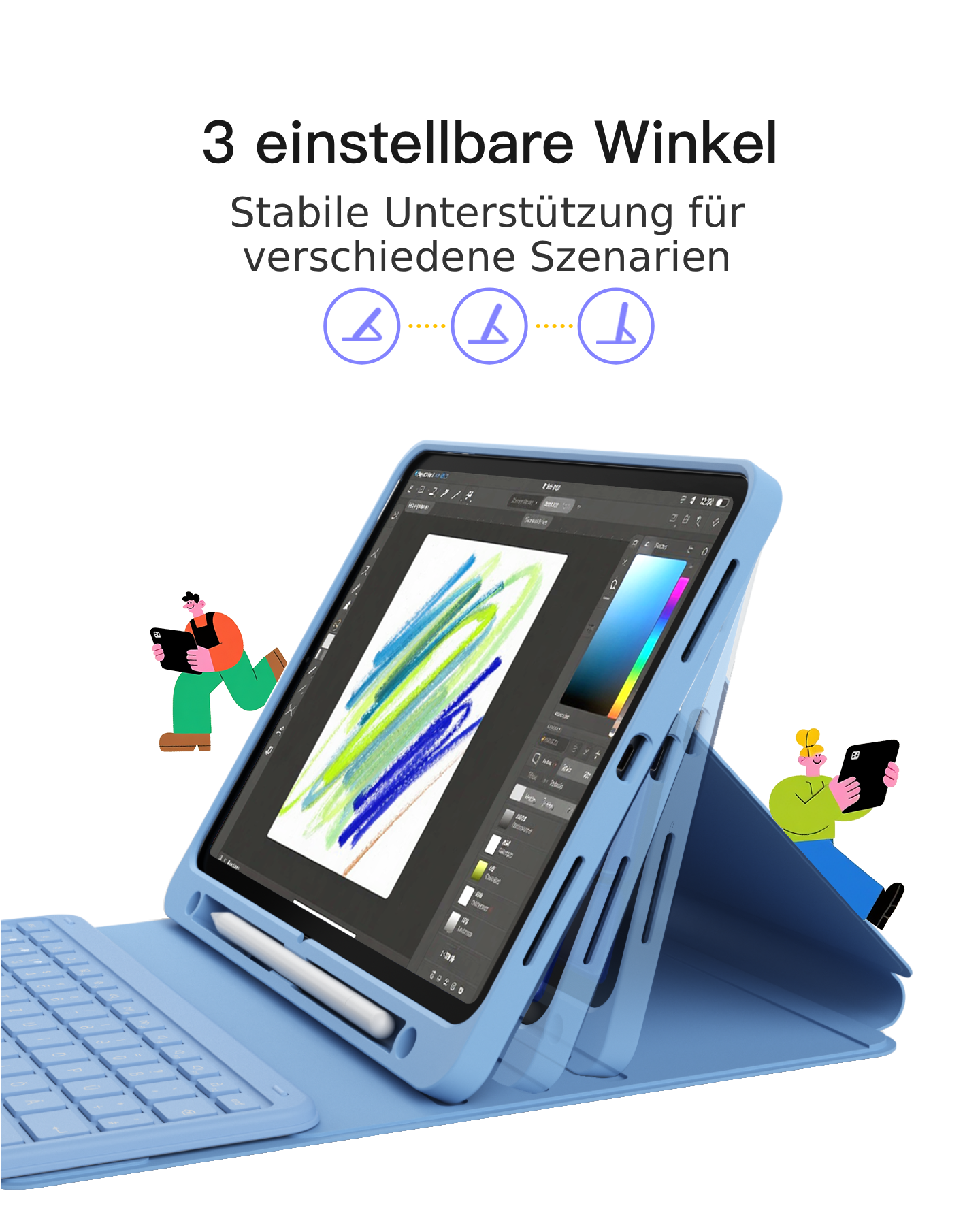 Ein blaues Tablet mit Stift und Tastatur, daneben zwei stilisierte Figuren.