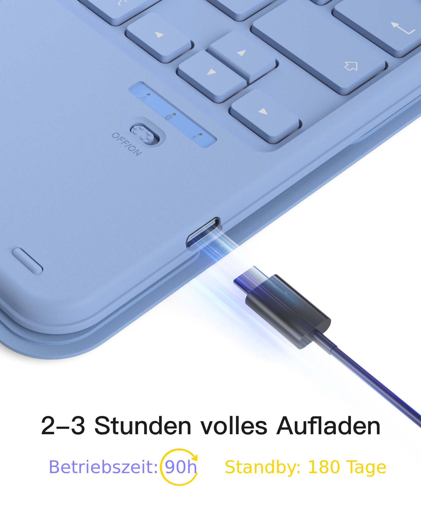 Ein blaues Keyboard wird mit einem USB-C-Kabel geladen. Ladezeit: 2-3h.