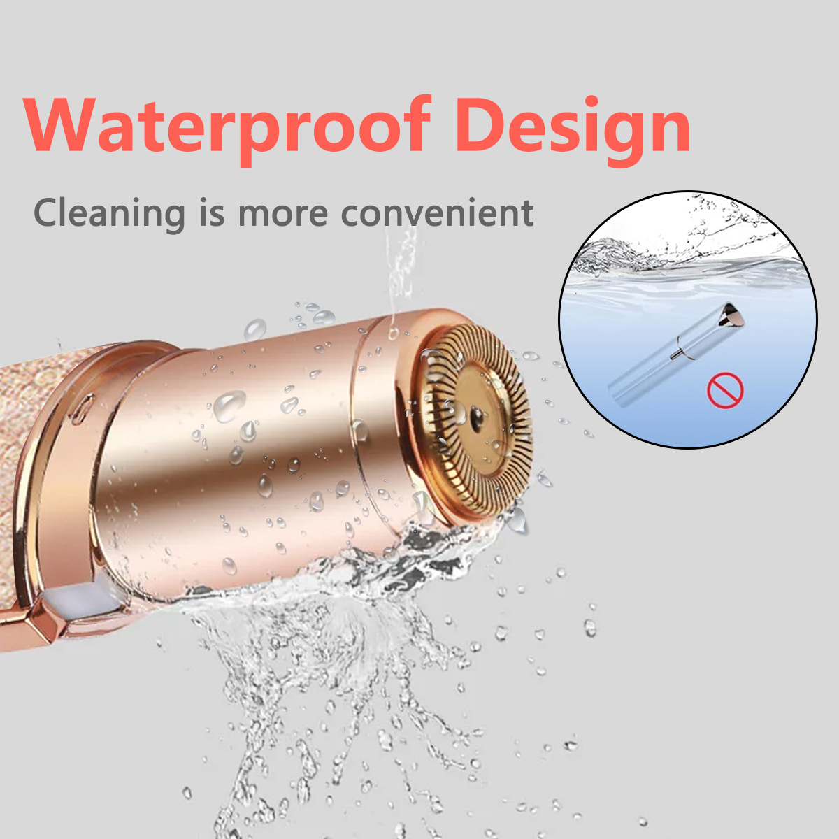 Ein roségoldener Haarentferner unter fließendem Wasser, mit einem Kreisdiagramm, das ihn unter Wasser zeigt.