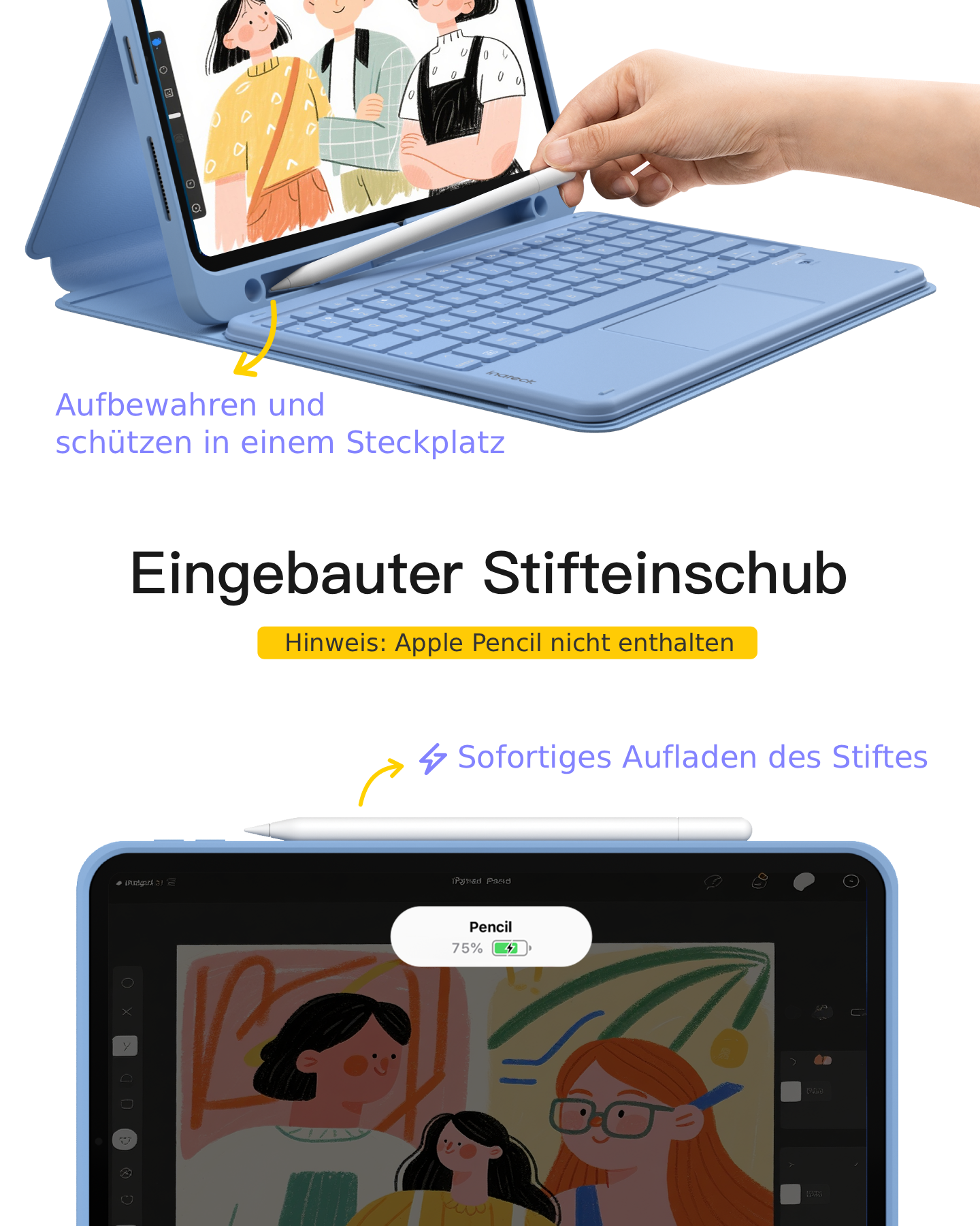 Ein blauer Stifteinschub schützt und bewahrt einen Stift auf, der ein Tablet lädt.