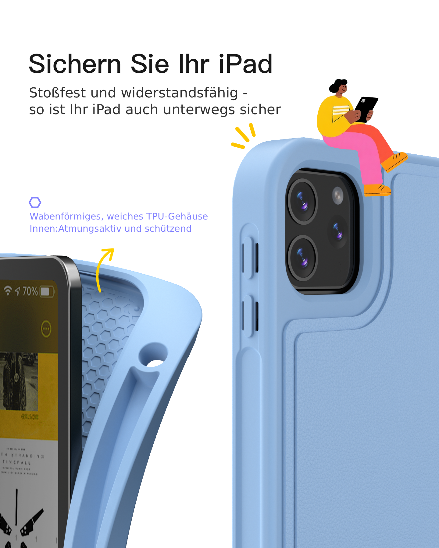Person sitzt auf blauem iPad-Case. Nahaufnahme des Cases und eines iPhones.