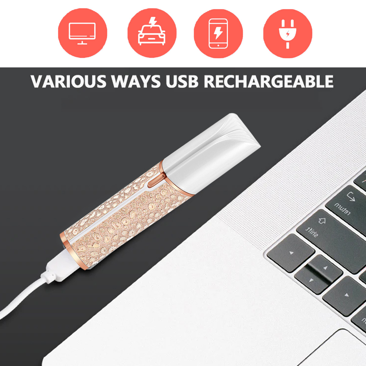 Ein weißer und rosenfarbener USB-wiederaufladbarer Gesichts-Haarentferner liegt auf einem Laptop.