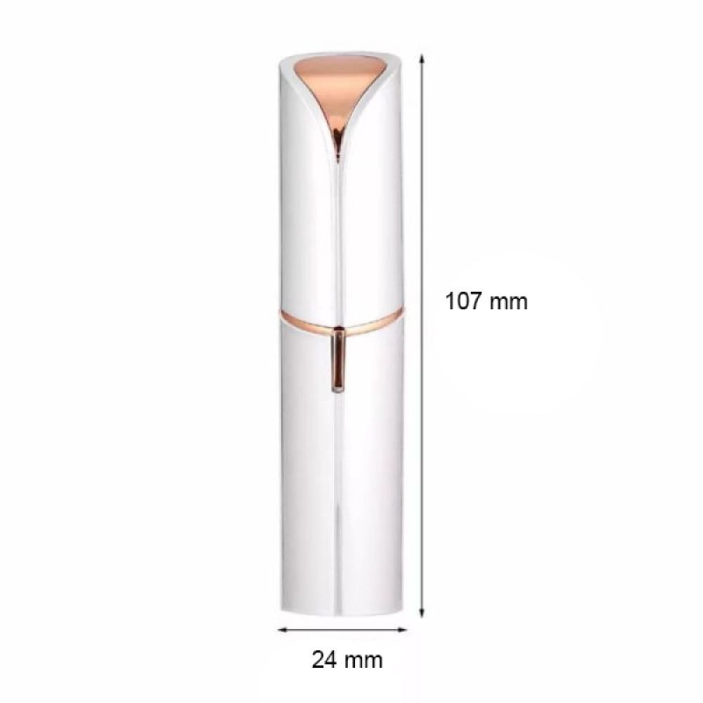 Ein weißer Gesichts-Haarentferner mit roségoldener Spitze, 107 mm lang.