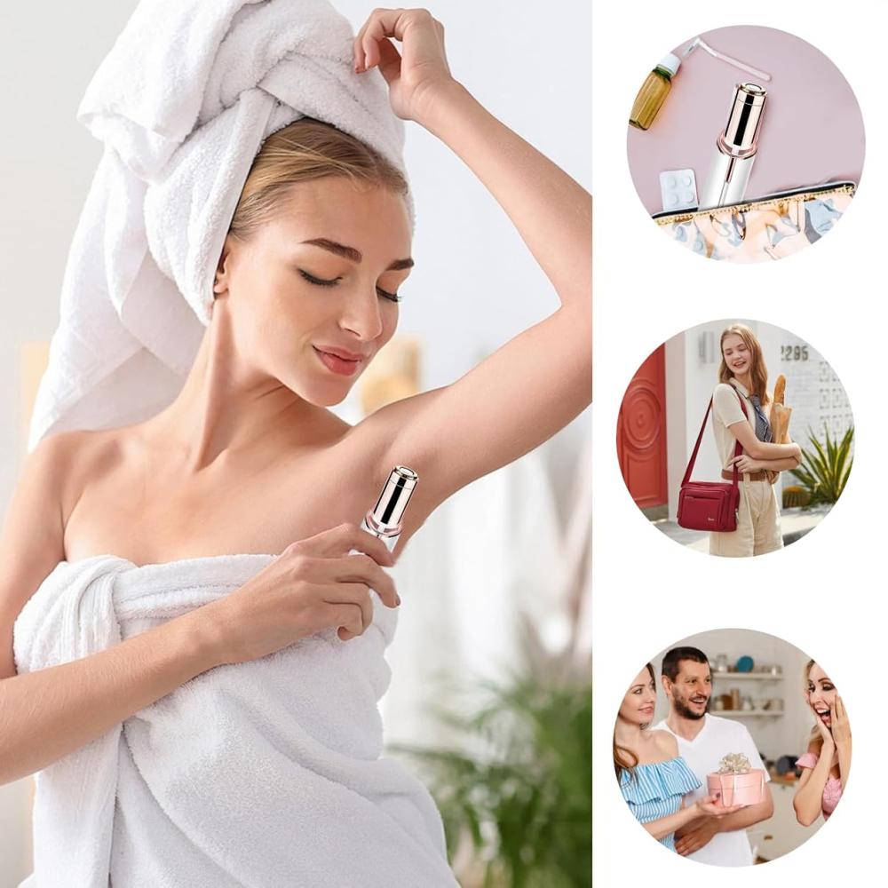 Frau mit Handtuch benutzt Haarentferner. Collage zeigt Kosmetik und Geschenke.
