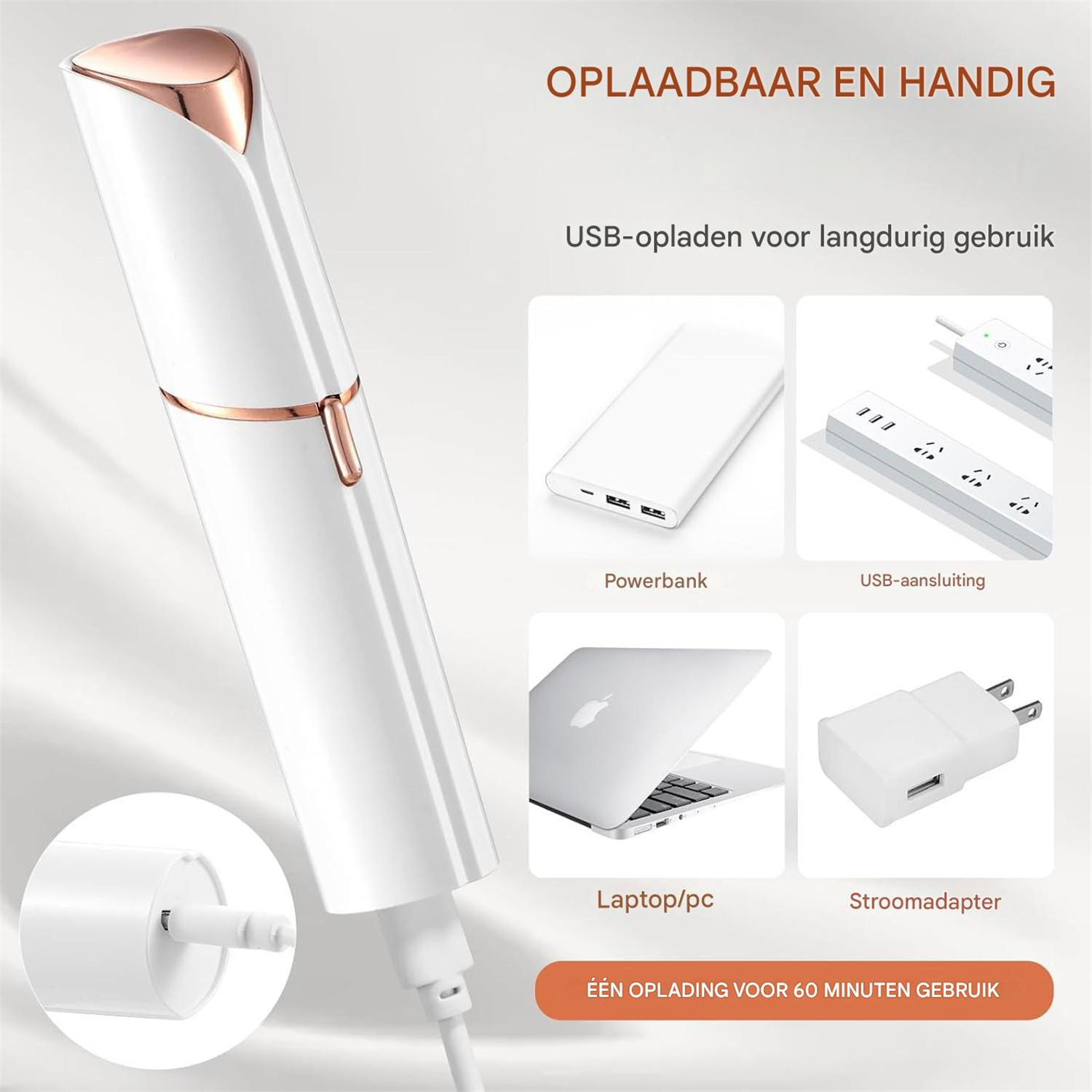 Ein weißes und roségoldenes Gerät mit USB-Ladeoptionen wie Powerbank, Laptop und Netzteil.