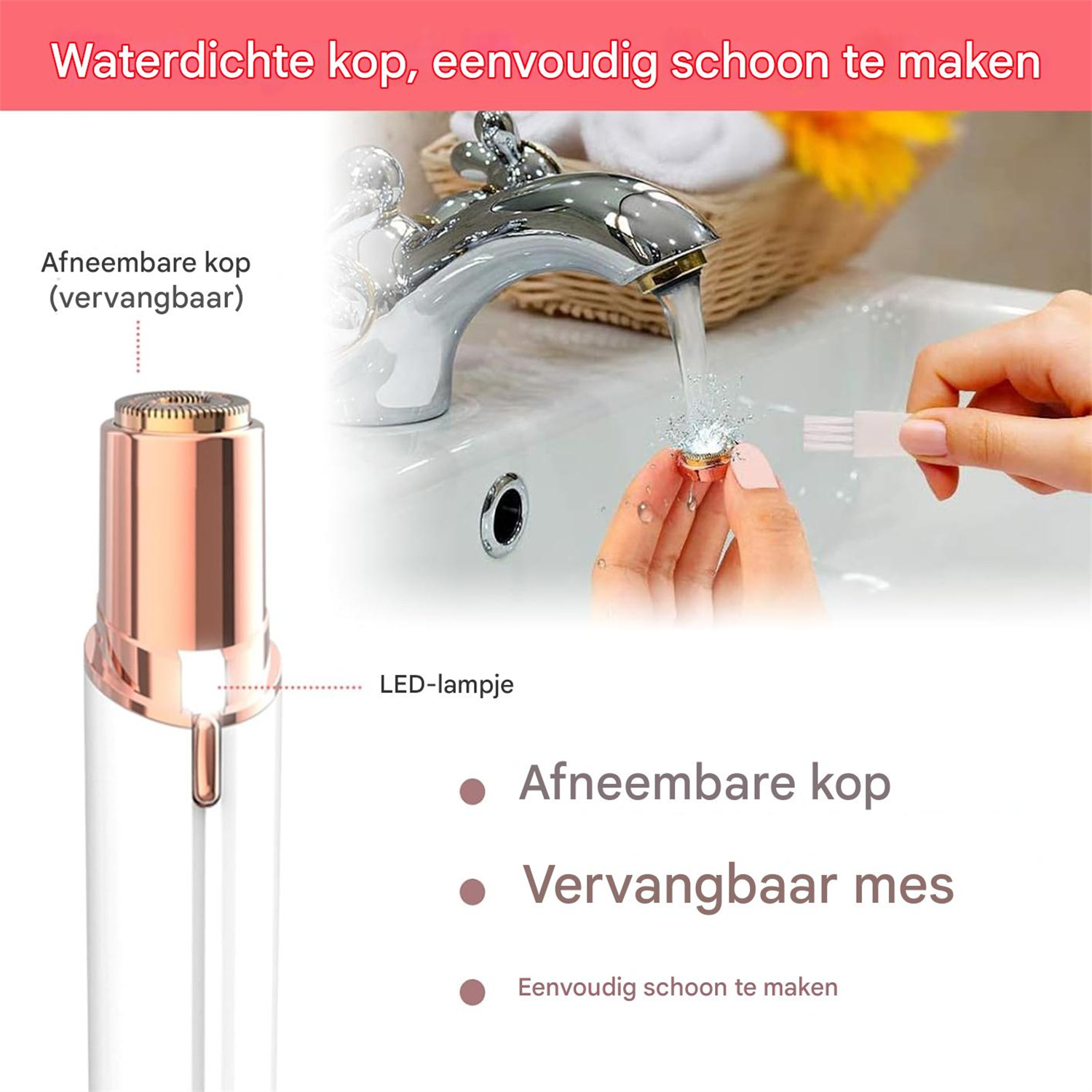 Ein Damenrasierer wird unter fließendem Wasser gereinigt, der Aufsatz ist abnehmbar.