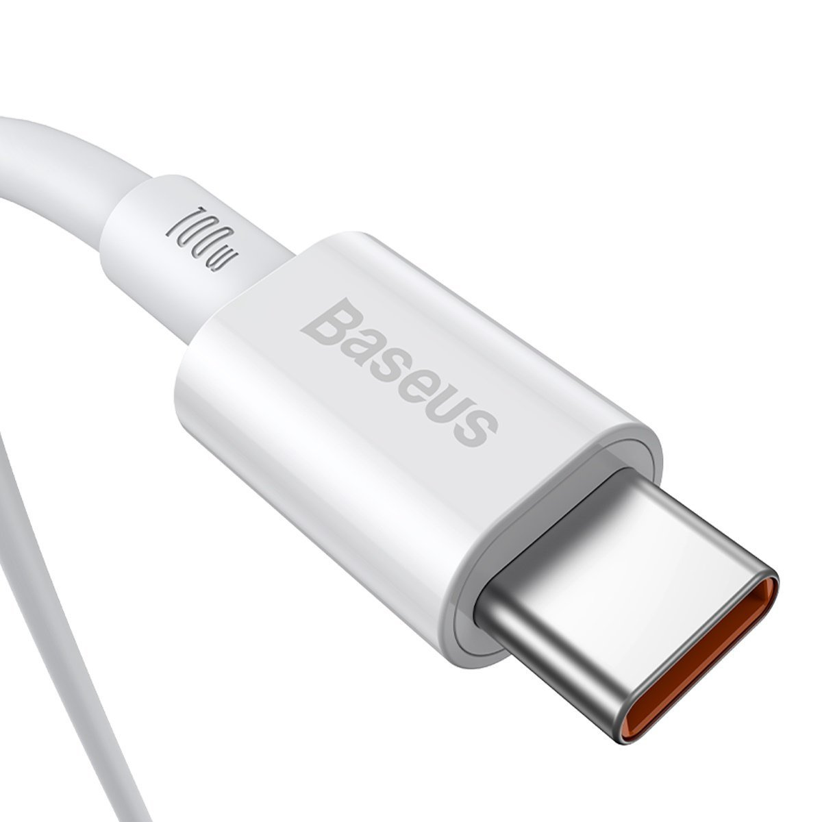 Ein weißes USB-C-Kabel mit 100 W und dem Baseus-Logo.