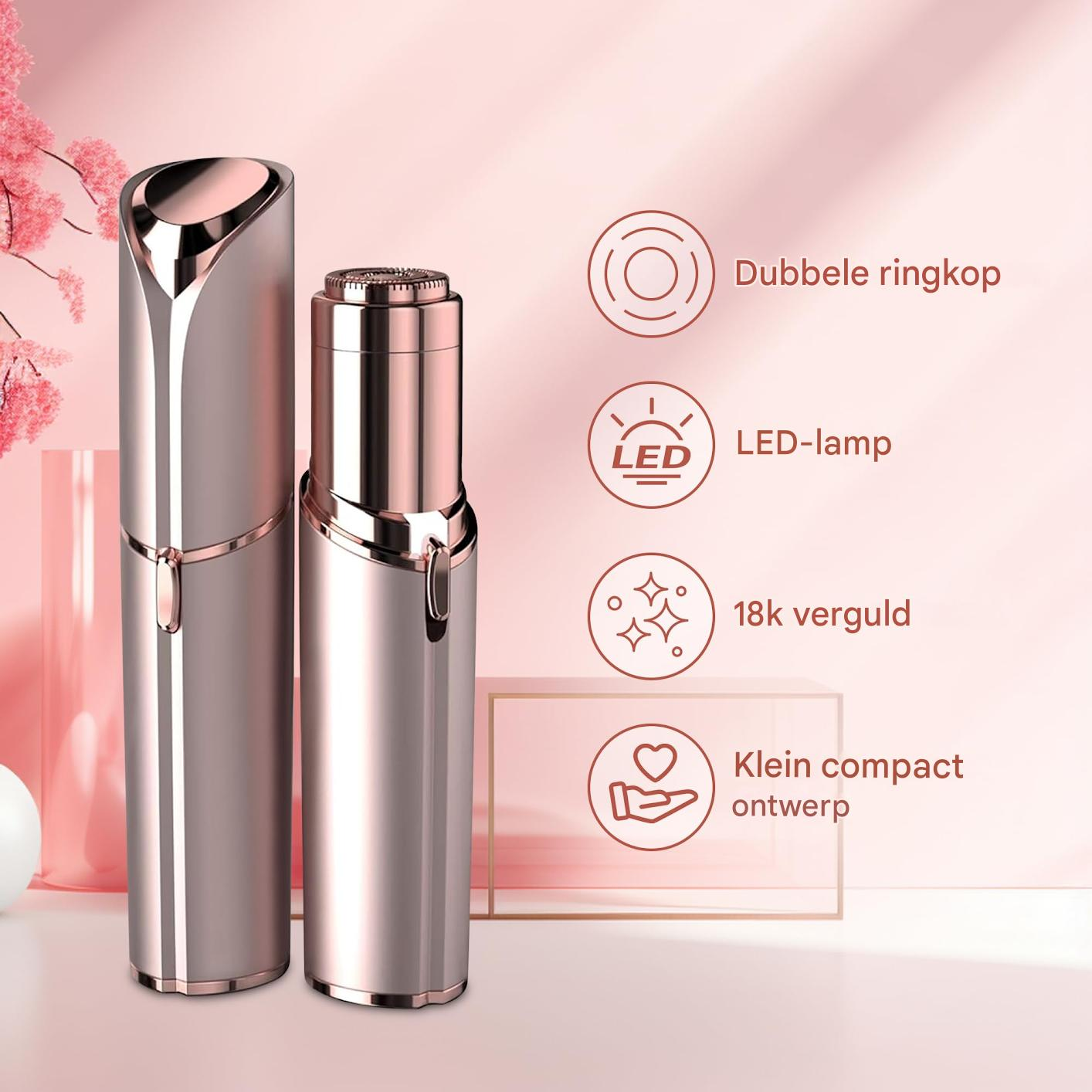 Zwei roségoldene Haarentferner mit LED-Licht, klein und kompakt.