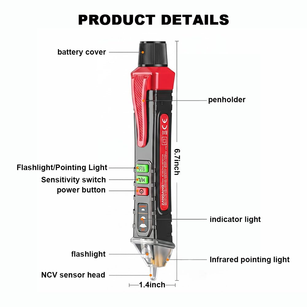 Ein roter und schwarzer Spannungsprüfer mit Beschriftungen für Batterieabdeckung, Stifthalter und Maße.