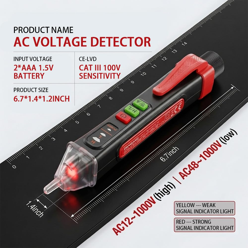 AC-Spannungsdetektor auf einem Lineal. Zeigt Spezifikationen: 2xAAA 1,5V, 6,7x1,4x1,2 Zoll.