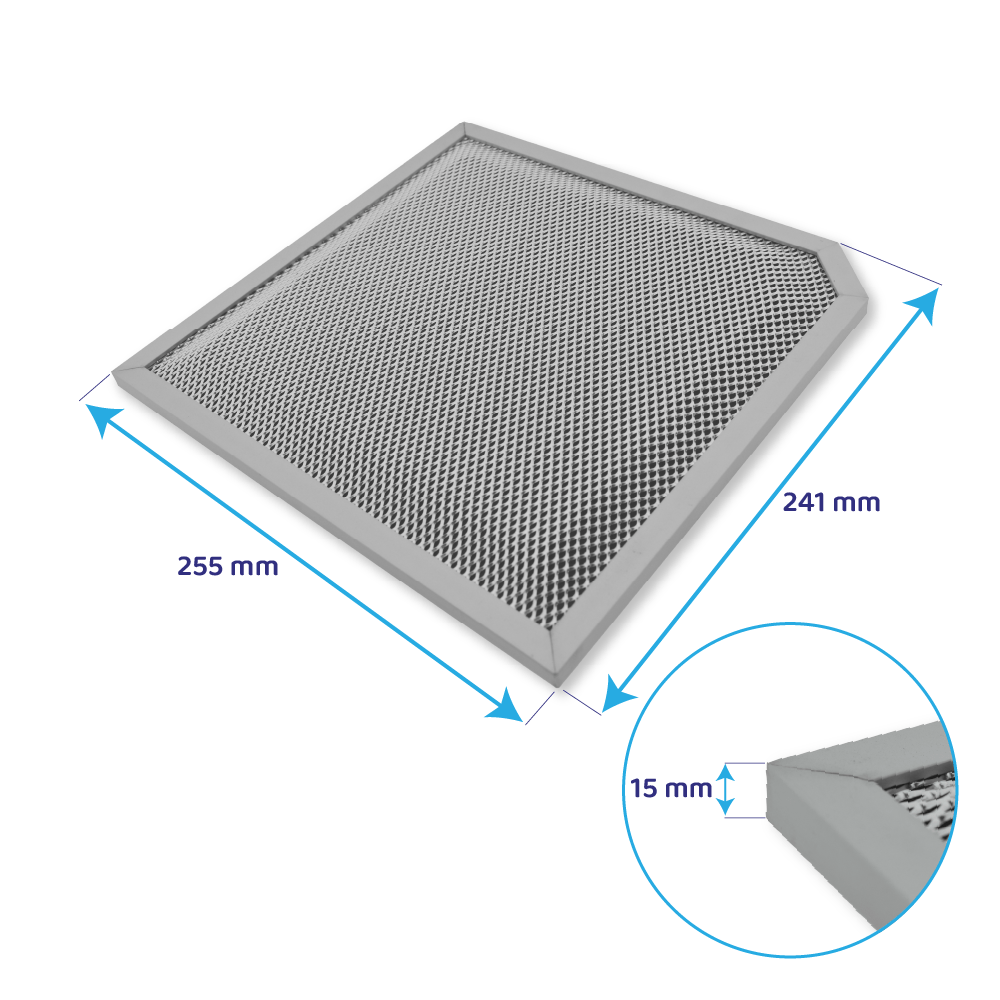 Grauer Metallfilter mit Maßen 255x241mm und 15mm Dicke.