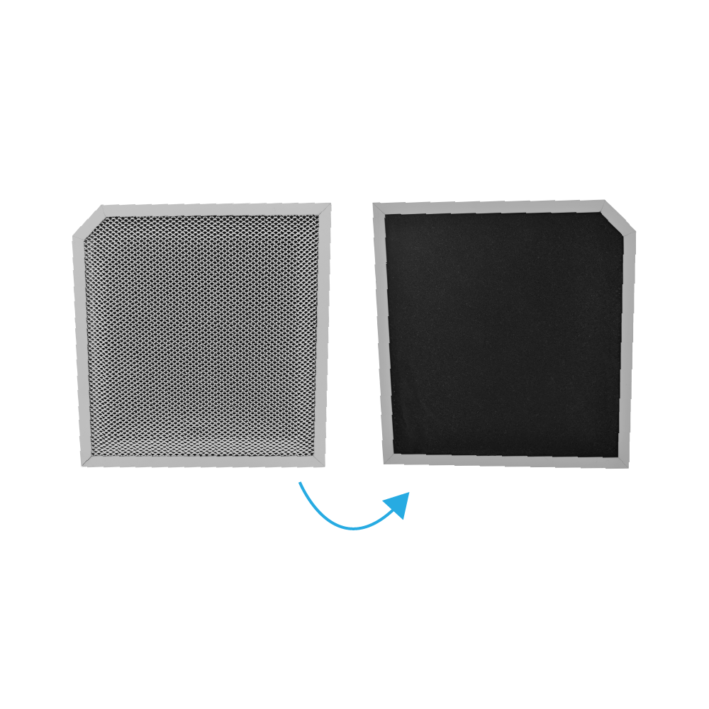 Ein grauer Filter mit feinem Gitter neben einem schwarzen Kohlefilter.