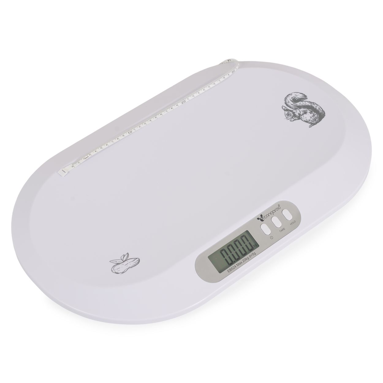 Eine weiße Babywaage mit digitalen Anzeigen, Maßband und Eichhörnchen-Motiv.