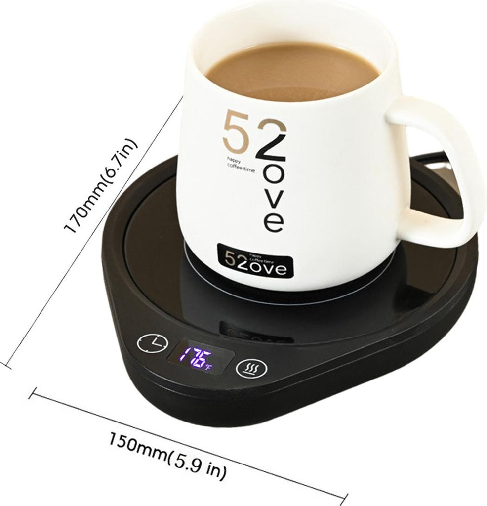 Weiße Tasse mit Kaffee auf schwarzer Tassenwärmer mit 176F.