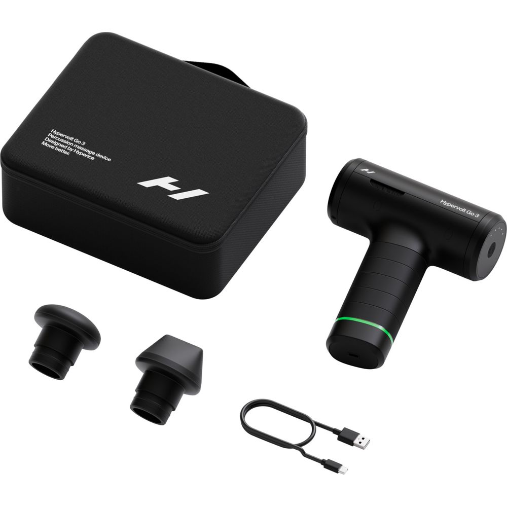 Schwarzes Hypervolt Go 3 Massagegerät mit Hülle, Aufsätzen und USB-C-Kabel.