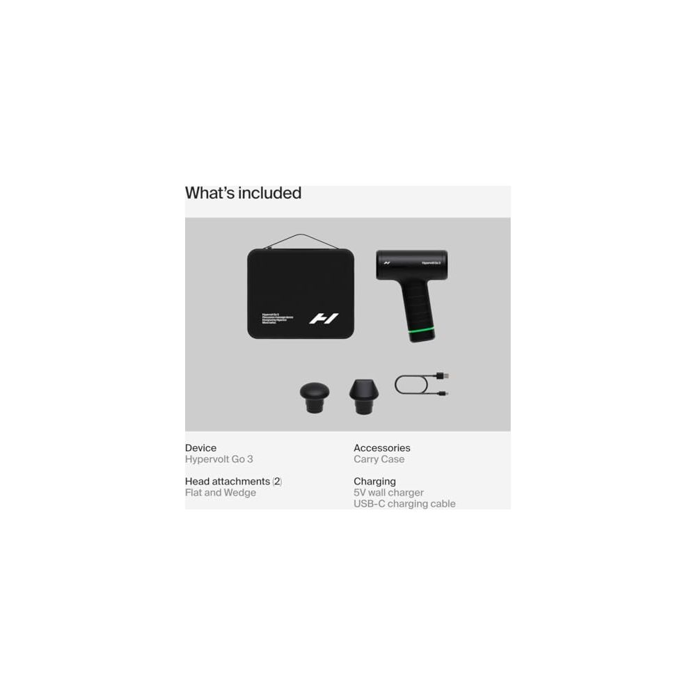 Inhalt: Massagepistole, Tragetasche, 2 Aufsätze, Ladegerät, USB-C-Kabel.
