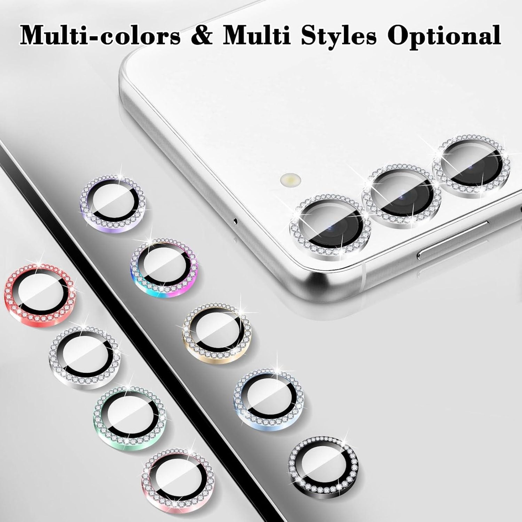 Molteplici protezioni colorate per obiettivi di fotocamere per telefoni con diamanti.