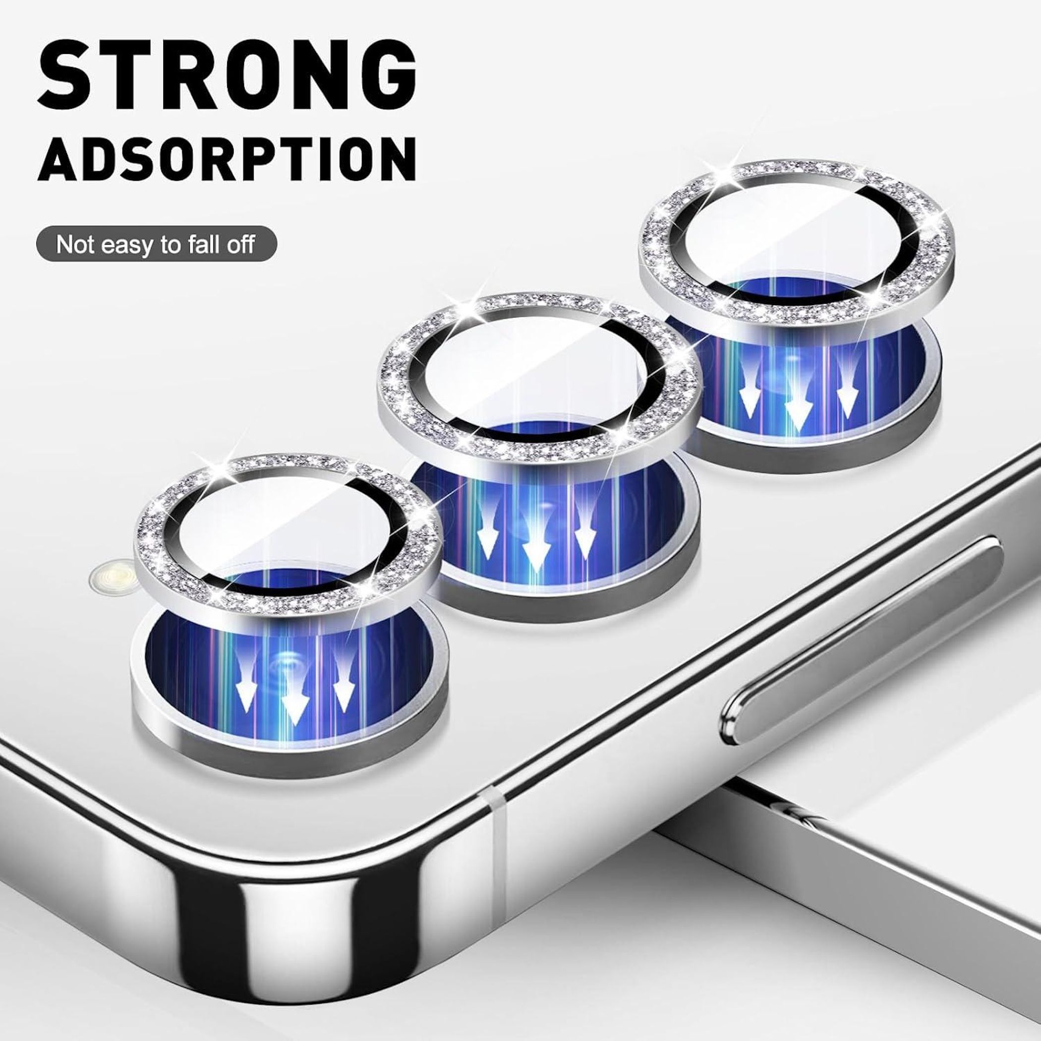 Protezioni per obiettivo fotocamera del telefono con accenti diamantati e anelli di assorbimento blu.
