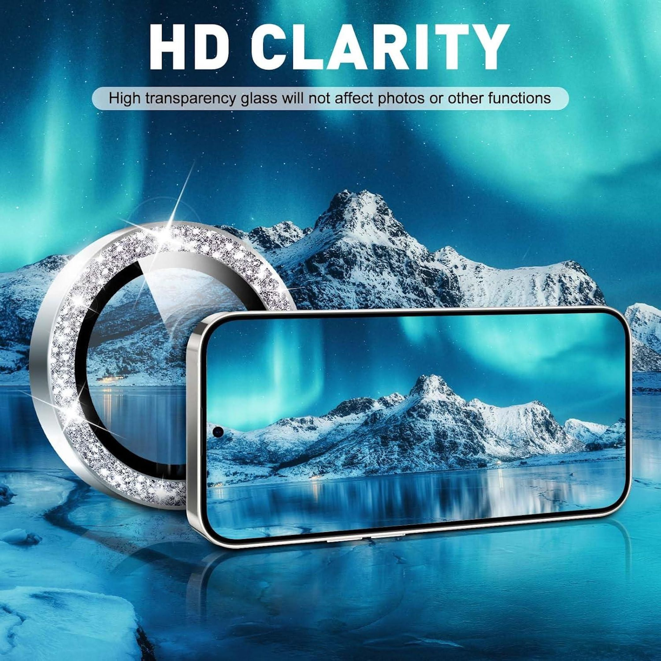 Un anello scintillante su uno smartphone davanti a montagne innevate e aurora boreale.
