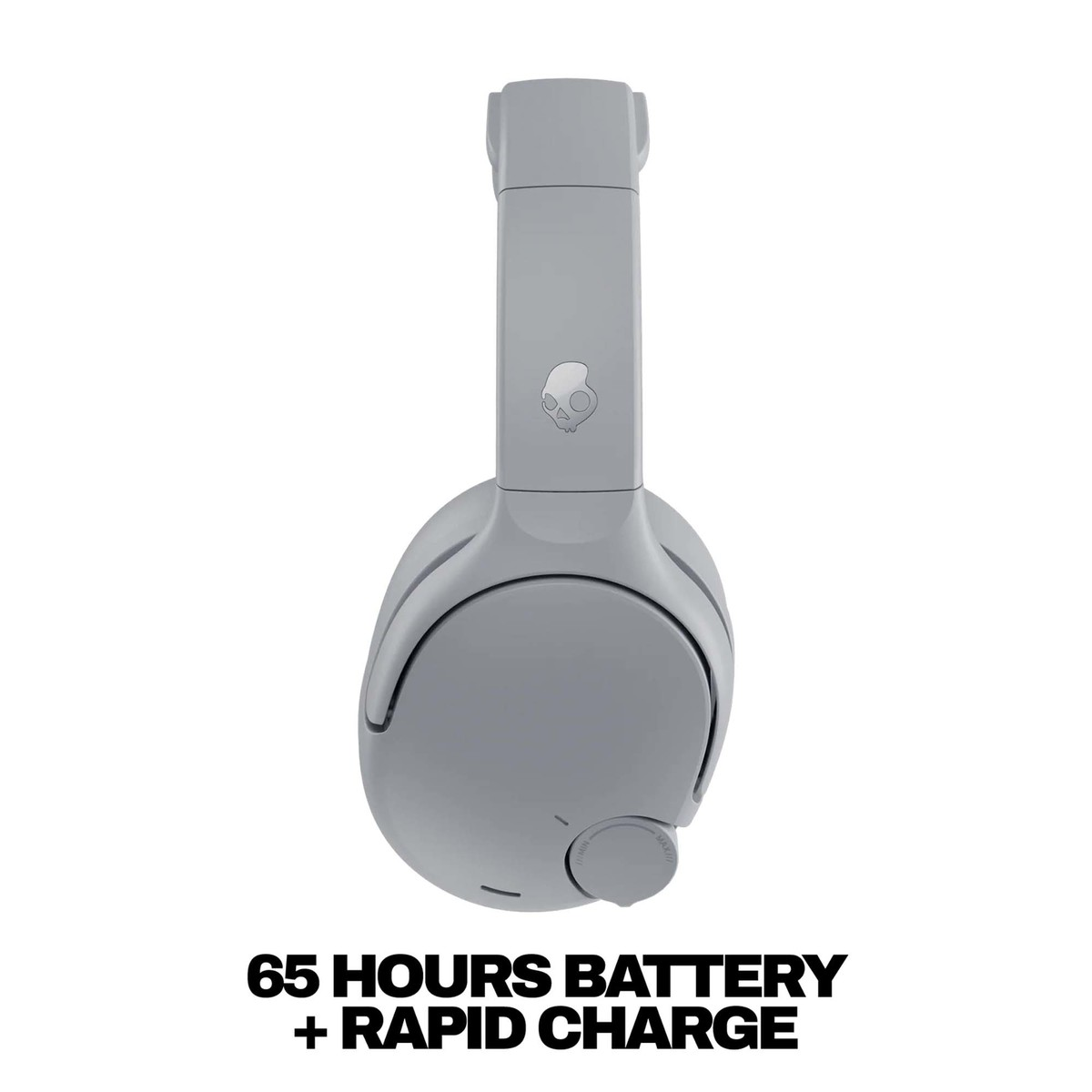 Graue Kopfhörer mit Skullcandy-Logo und 65 Stunden Akkulaufzeit.