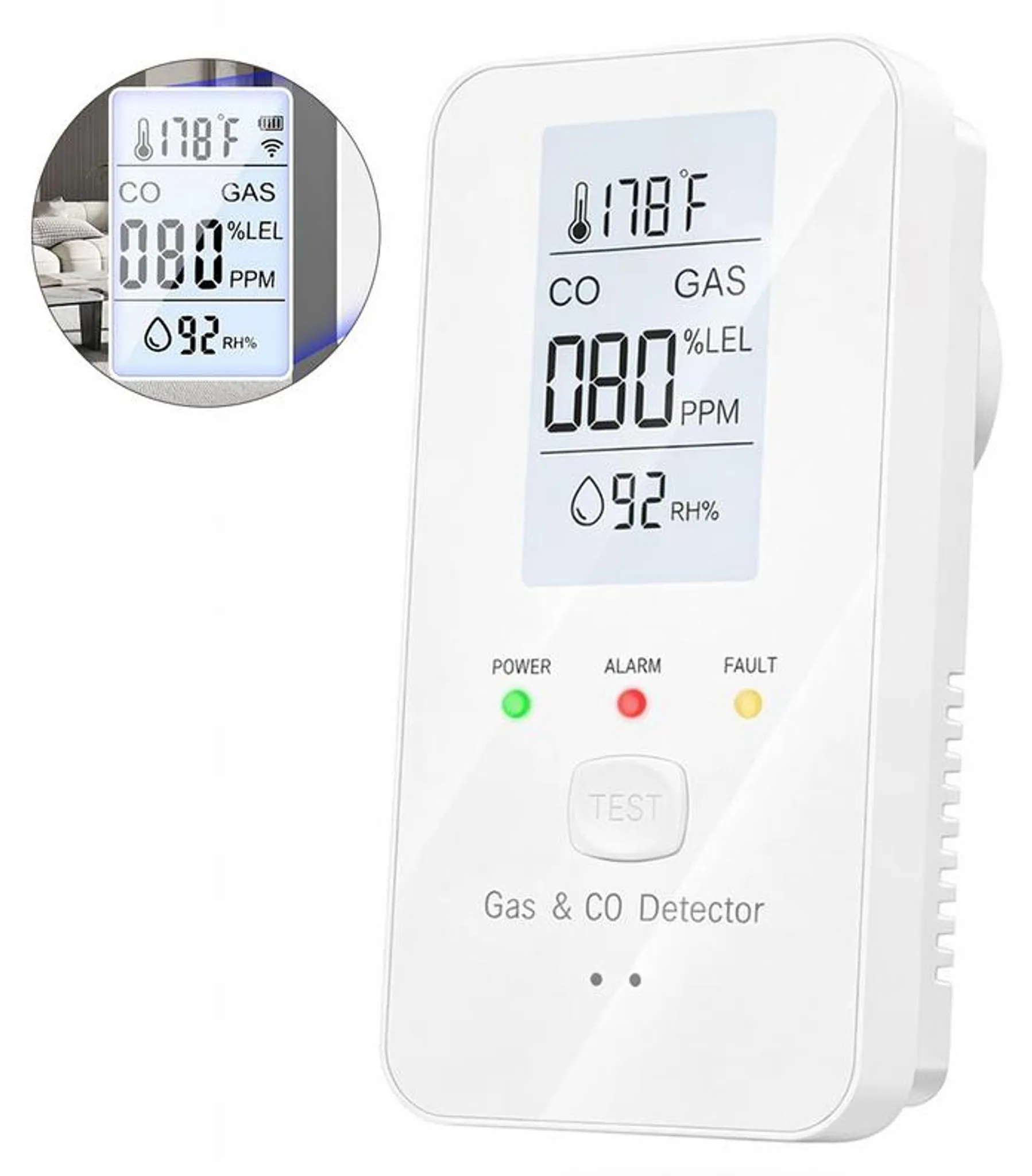 Ein weißer Gas- und CO-Detektor mit digitalem Display zeigt 178°F, 080 PPM CO, 092% RH.