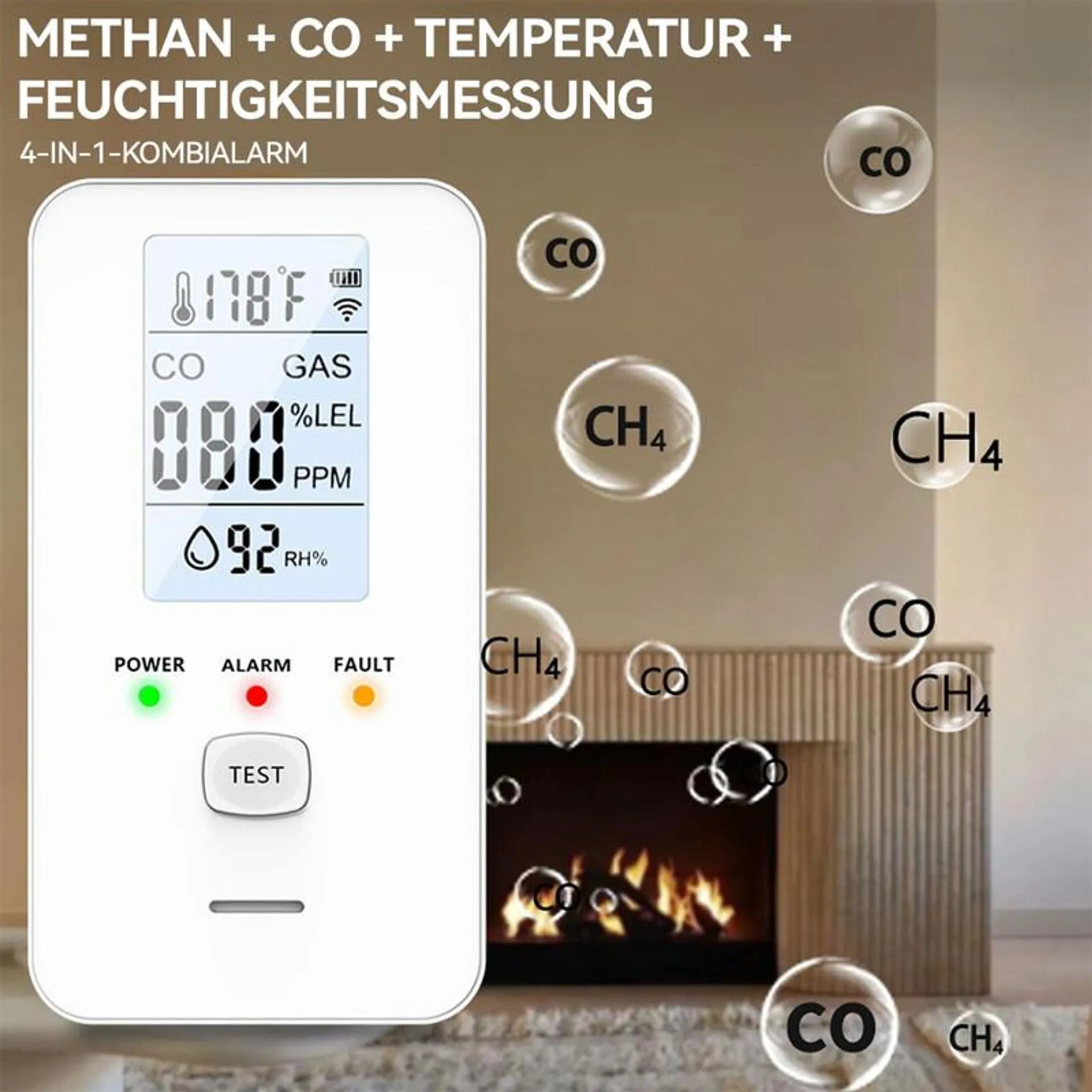 Ein weißes Kombigerät misst Gase, Temperatur und Feuchtigkeit neben einem Kamin.