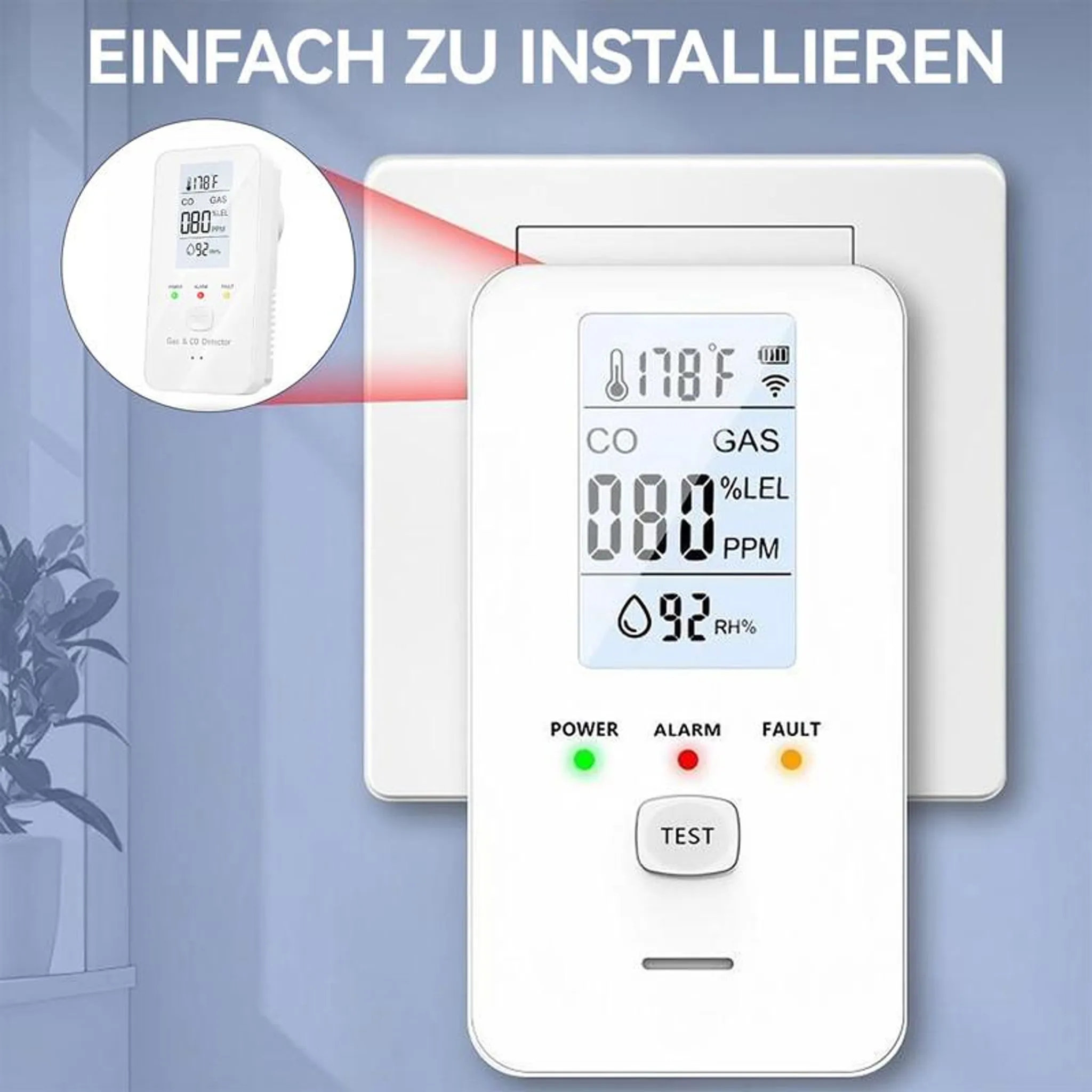 Ein weißer Gas- und CO-Detektor mit Digitalanzeige, eingesteckt in eine Steckdose.