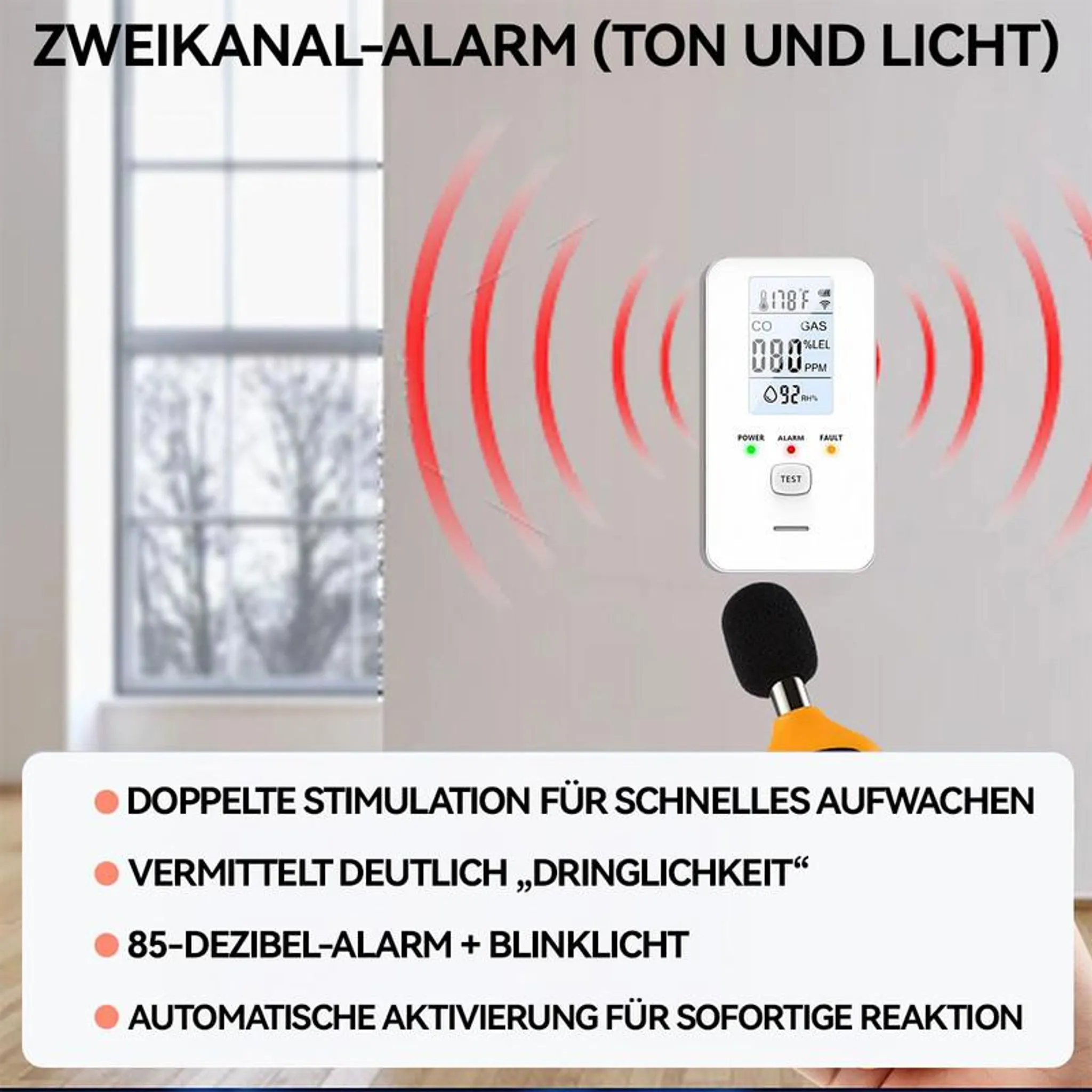 Ein weißer Gasmelder mit Display zeigt Werte an. Rote Wellen symbolisieren Alarm.