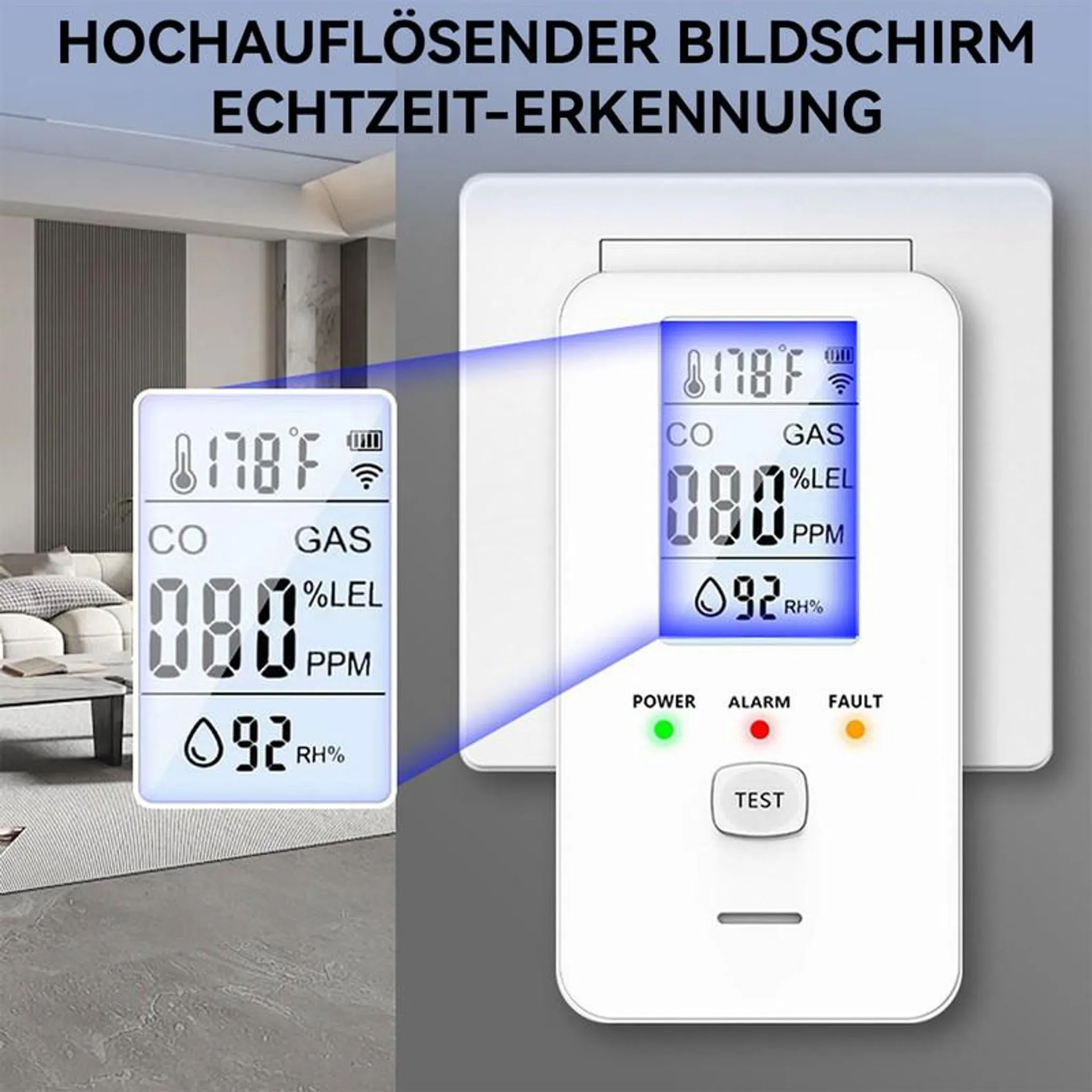 Ein digitaler Gasmelder zeigt Temperatur, CO, Gas, %LEL und Luftfeuchtigkeit an.