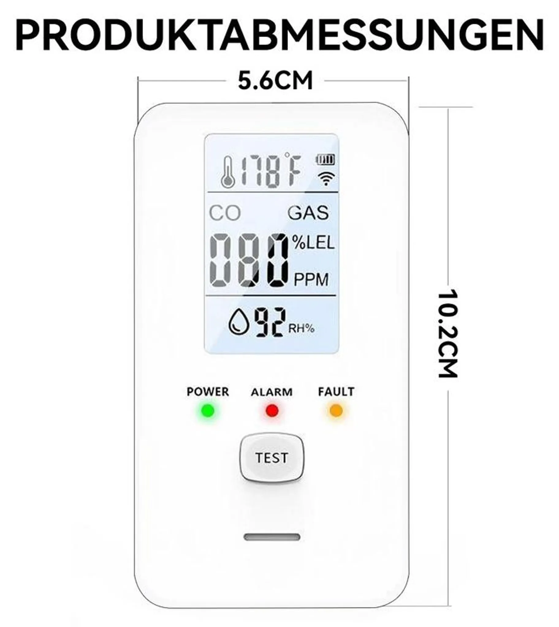 Ein weißes Messgerät mit digitaler Anzeige für Temperatur, CO, Gas und Luftfeuchtigkeit.