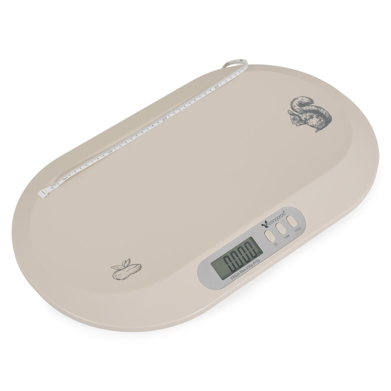 Eine beigefarbene Babywaage mit integriertem Maßband, einem digitalen Display und Tiermotiven.