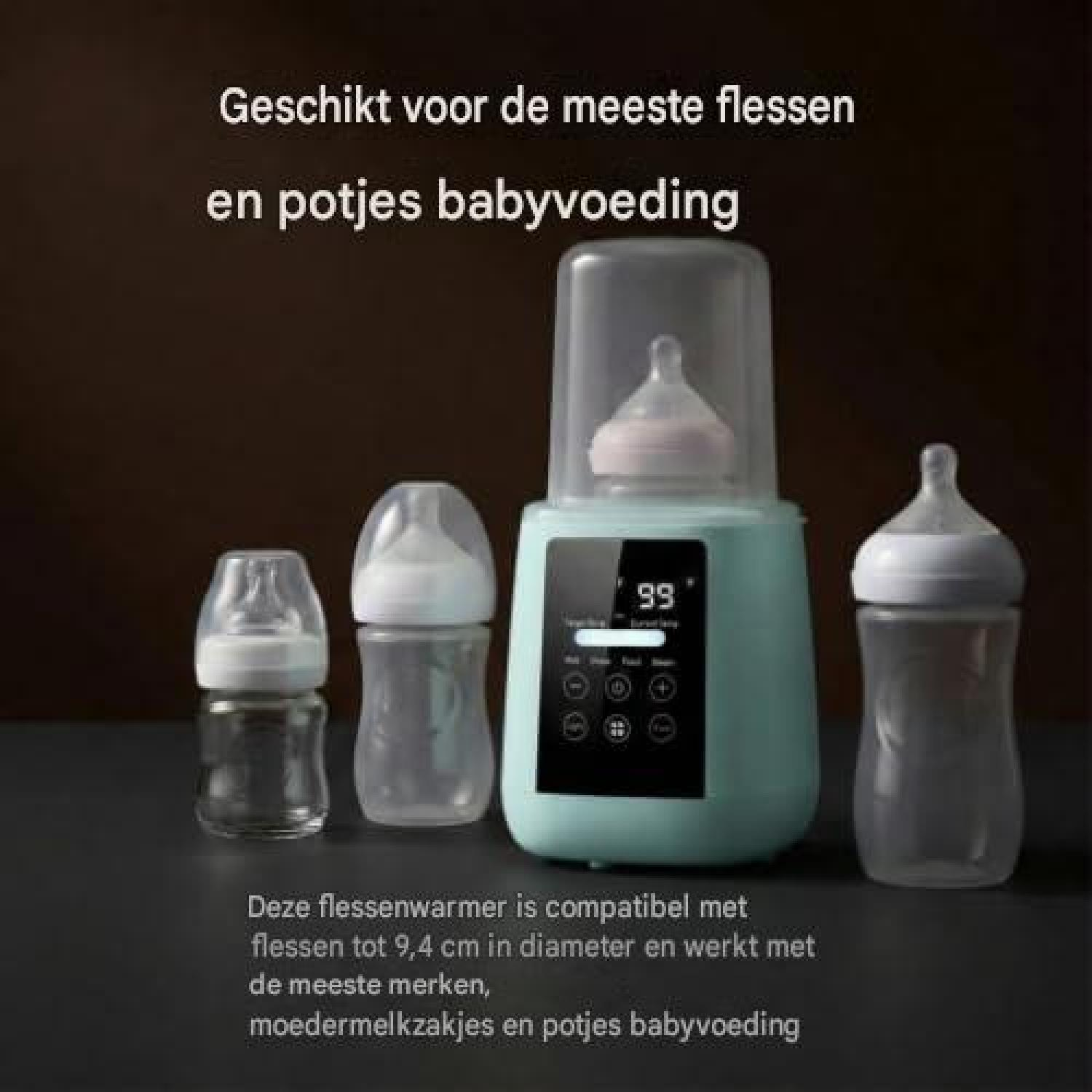 Ein Babyflaschenwärmer mit digitalen Bedienelementen und drei Flaschen.