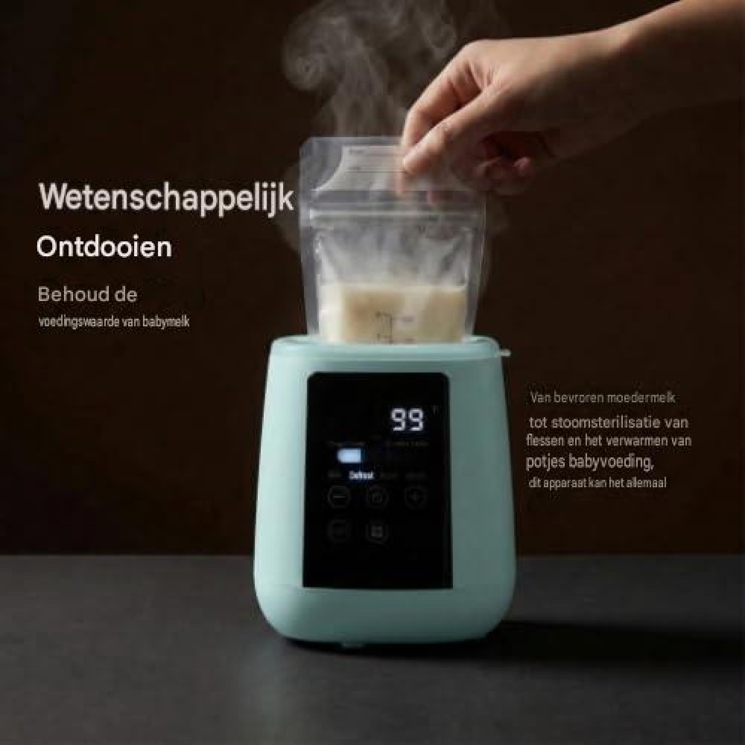 Ein Gerät taut eine Babymilchbeutel auf. Es ist ein Babyflaschenwärmer.