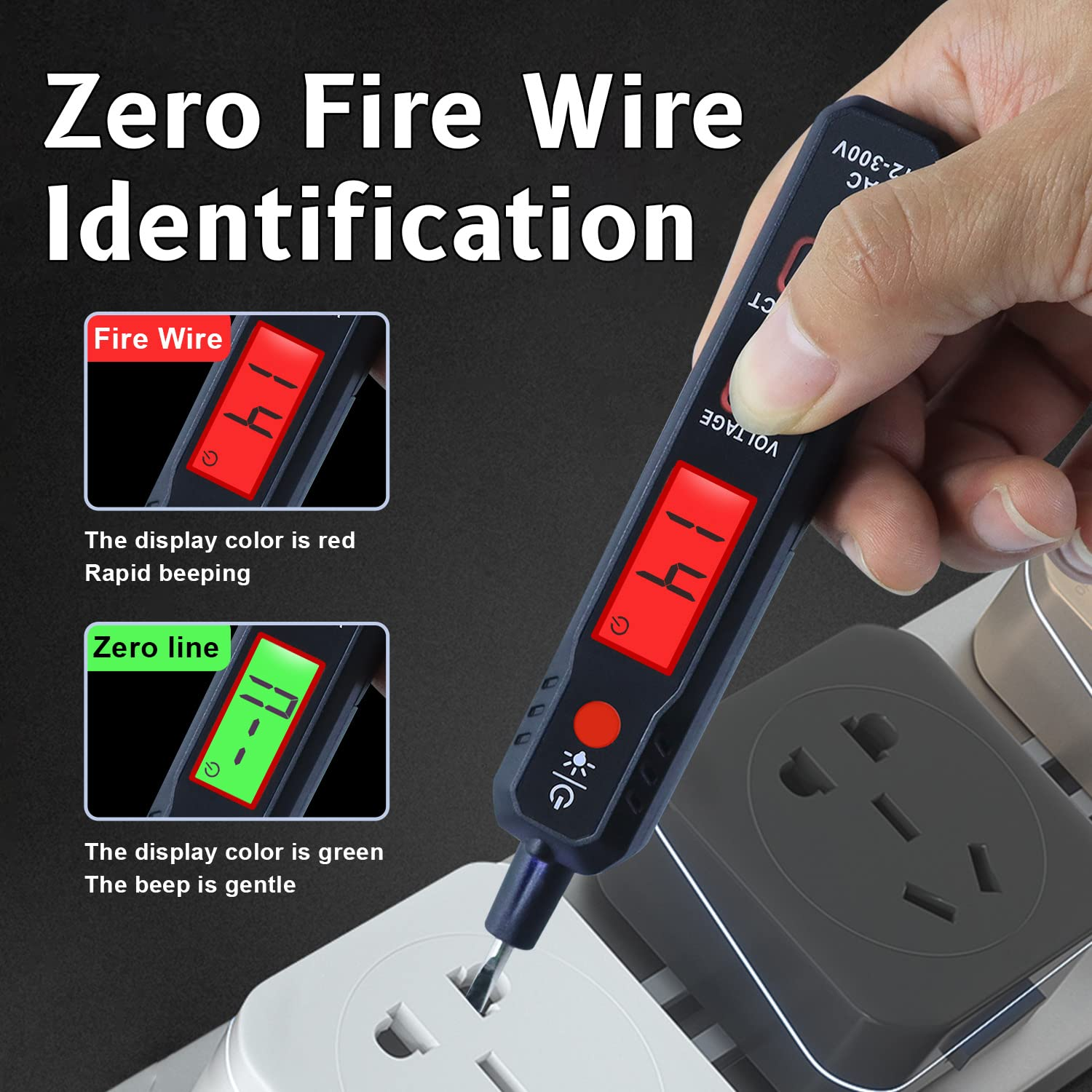 Ein Hand-Spannungsprüfer identifiziert Feuer- und Nullleiter. Rot zeigt Feuer, Grün zeigt Null.