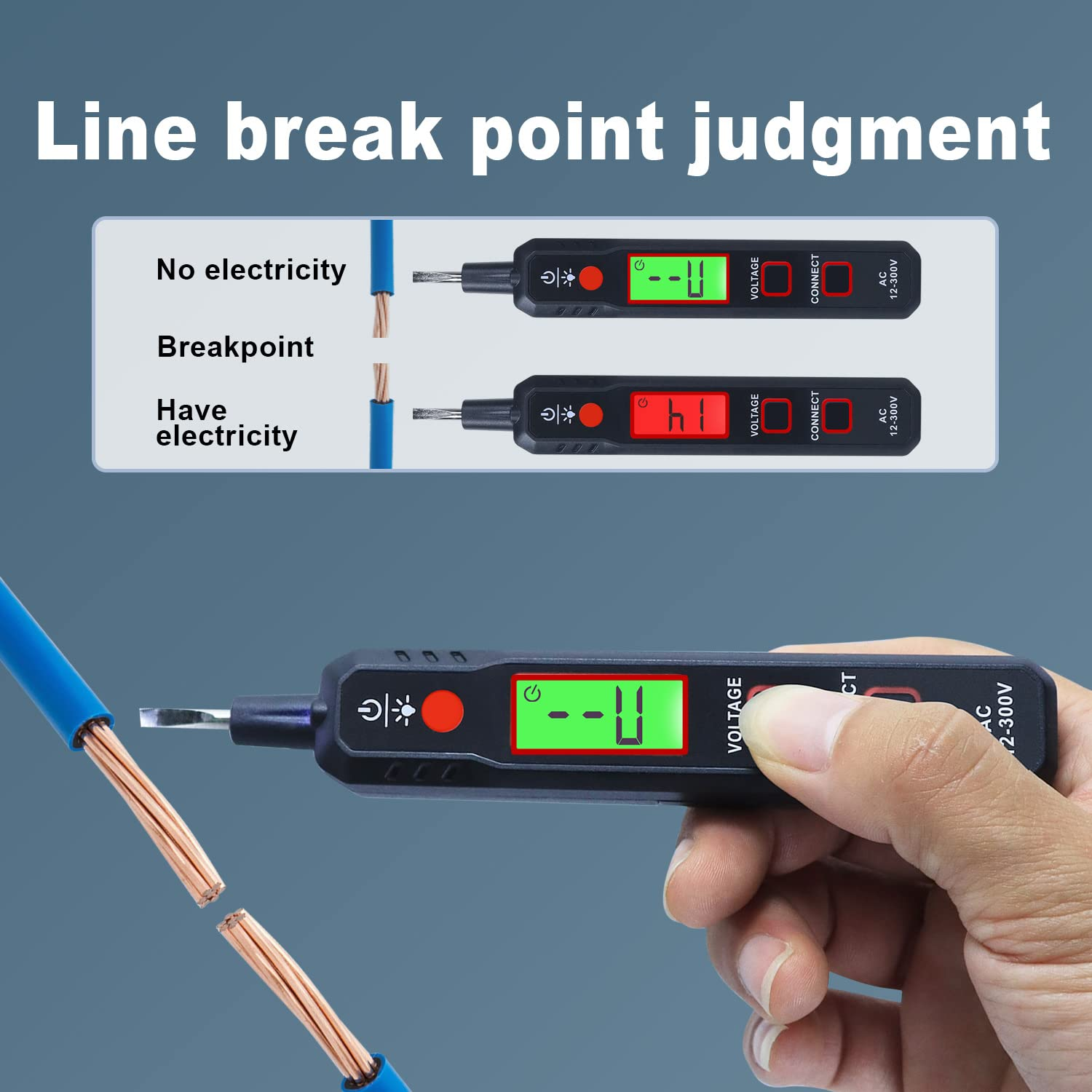 Ein Spannungsprüfer testet ein zerbrochenes Kabel. Zeigt "--U" an.