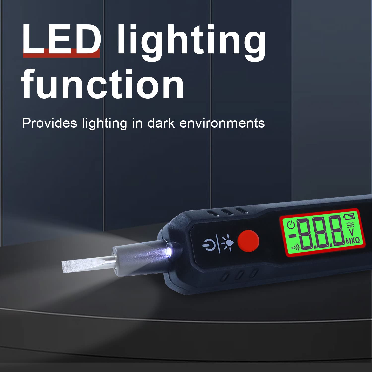 Ein schwarzes Messgerät mit einem beleuchteten Display und einer LED-Lampe.